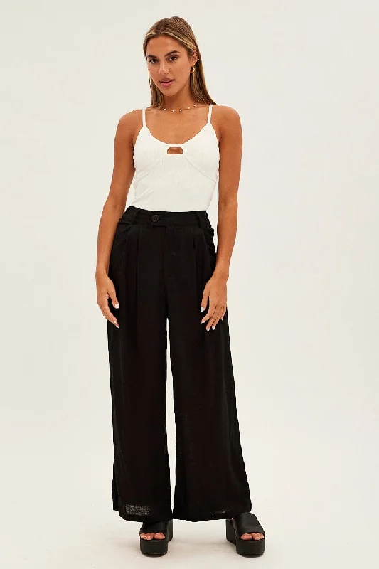 Black Wide Leg Pants High Rise Linen Blend