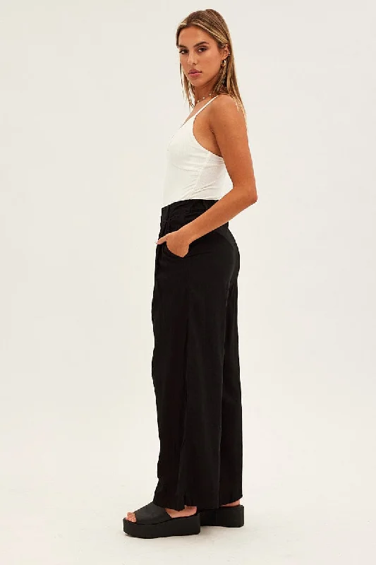 Black Wide Leg Pants High Rise Linen Blend