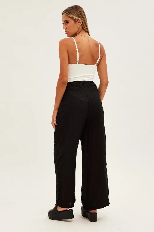 Black Wide Leg Pants High Rise Linen Blend