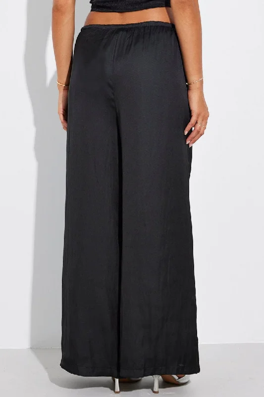 Black Wide Leg Pants High Rise Satin