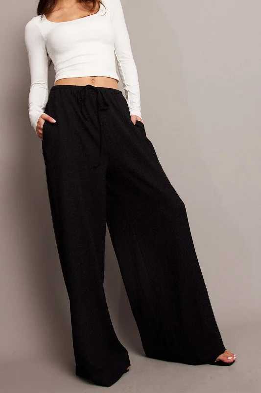 Black Wide Leg Pants High Rise Textured Fabric