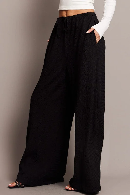 Black Wide Leg Pants High Rise Textured Fabric