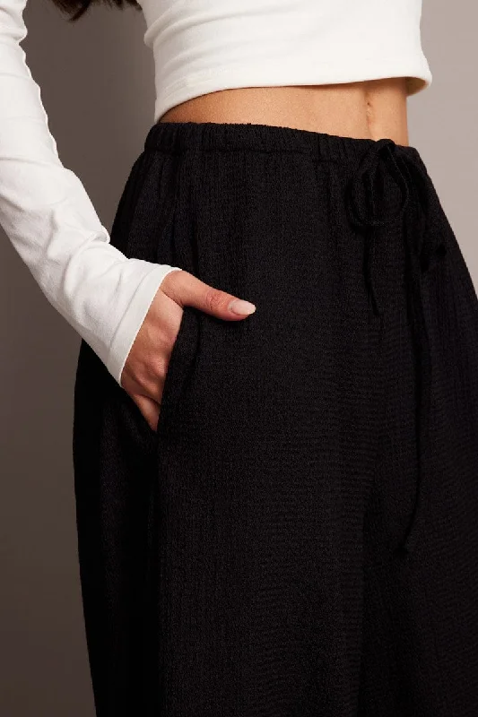 Black Wide Leg Pants High Rise Textured Fabric