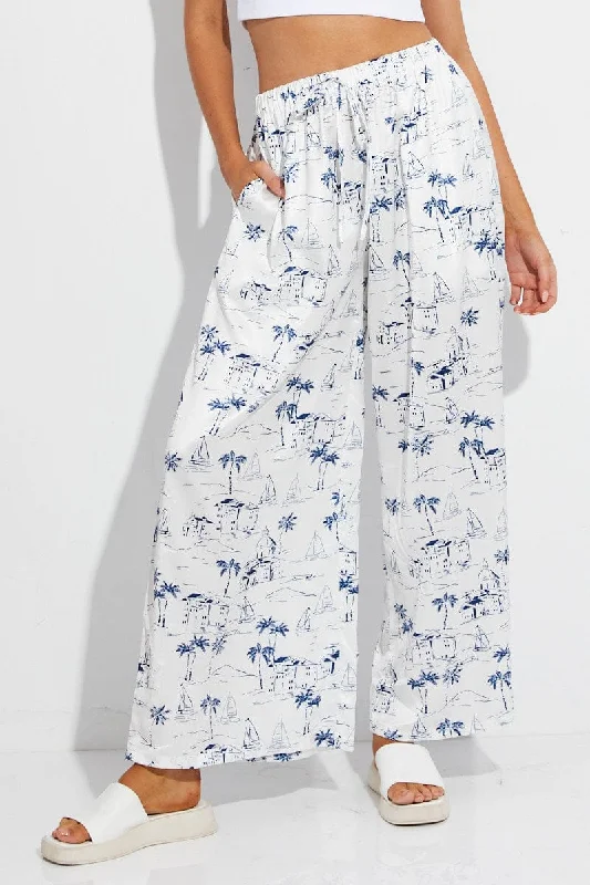 Blue Abstract Pant Elastic High Waist Wide Leg Printed Satin