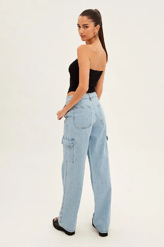 Blue Cargo Denim Jeans High Rise