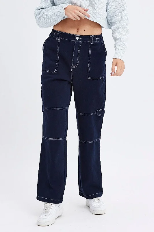 Blue Cargo Jeans Straight Back Elastic Waist