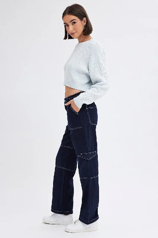 Blue Cargo Jeans Straight Back Elastic Waist