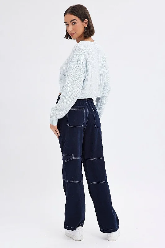 Blue Cargo Jeans Straight Back Elastic Waist