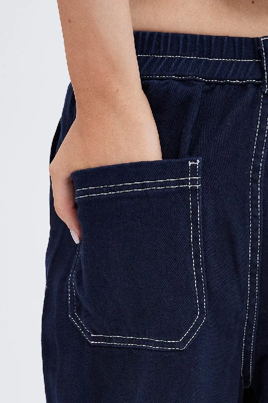 Blue Cargo Jeans Straight Back Elastic Waist