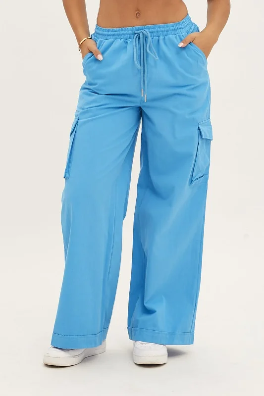 Blue Cargo Pant Wide Leg Elastic Waist Cotton Twill