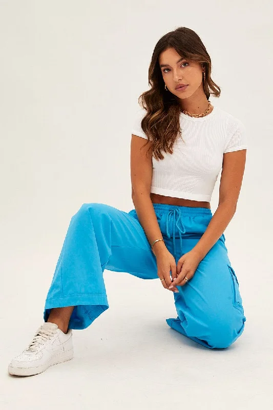 Blue Cargo Pant Wide Leg Elastic Waist Cotton Twill