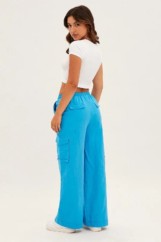 Blue Cargo Pant Wide Leg Elastic Waist Cotton Twill