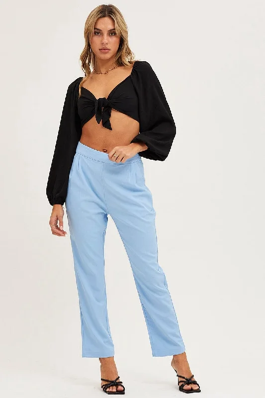 Blue Cropped Pants High Waist Workwear