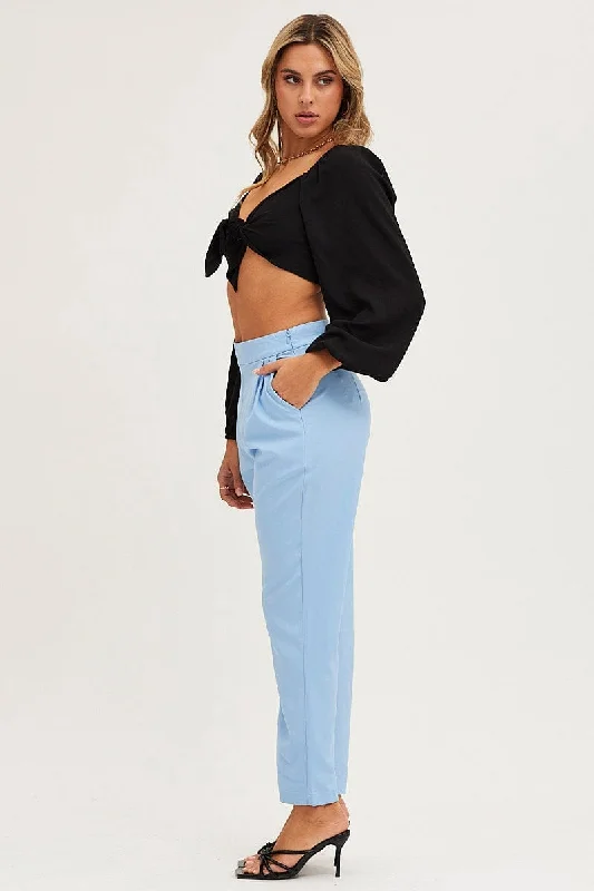 Blue Cropped Pants High Waist Workwear