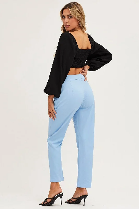 Blue Cropped Pants High Waist Workwear