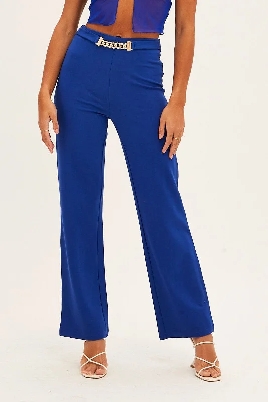 Blue High Waist Pant Straight Leg Chain Belt