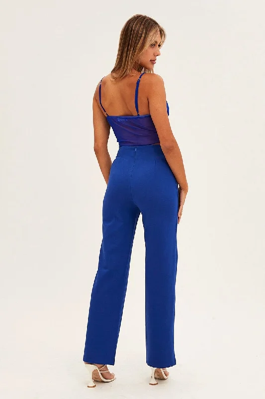 Blue High Waist Pant Straight Leg Chain Belt