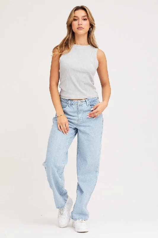 Blue Straight Denim Jeans High Rise