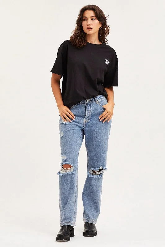 Blue Unisex Boyfriend Denim Jeans Mid Rise