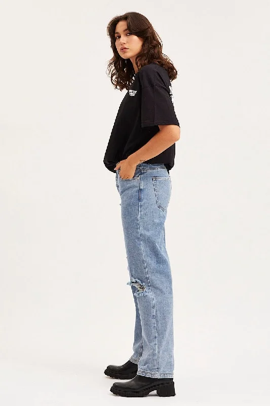 Blue Unisex Boyfriend Denim Jeans Mid Rise