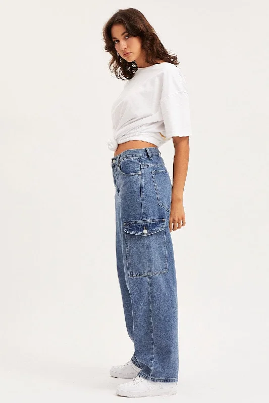 Blue Unisex Cargo Denim Jeans Mid Rise