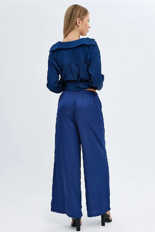 Blue Wide Leg Pants High Rise