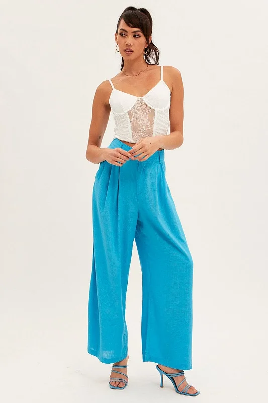 Blue Wide Leg Pants High Rise Linen Blend