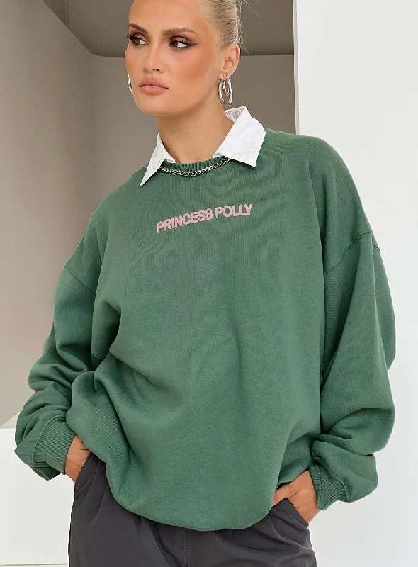 Princess Polly Crew Neck Sweatshirt Bubble Text Sage / Pink