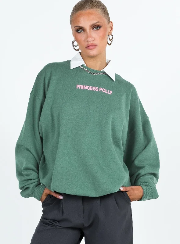 Princess Polly Crew Neck Sweatshirt Bubble Text Sage / Pink