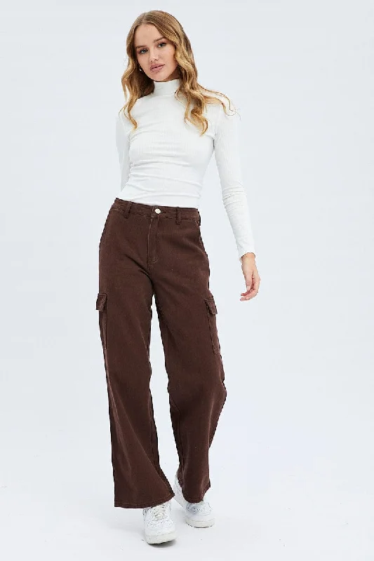 Brown Cargo Denim Jeans High rise