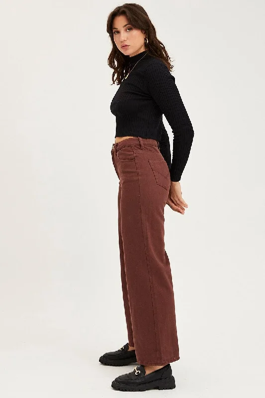 Brown Flare Denim Jeans High Rise