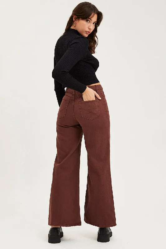 Brown Flare Denim Jeans High Rise