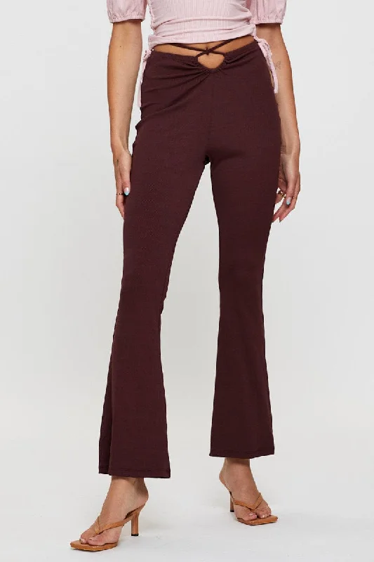 Brown Flare Pants High Rise Waist Tie