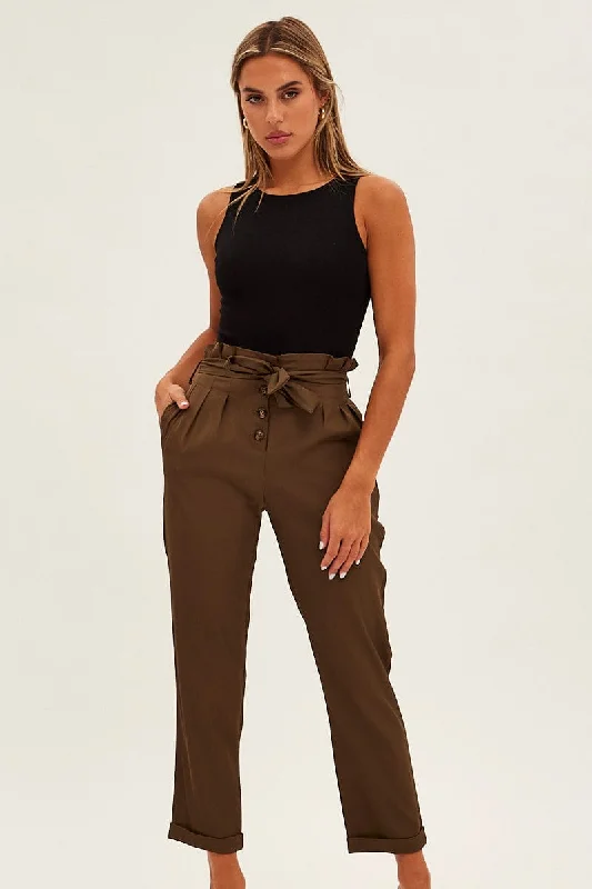 Brown Tie And Elastic Waist Slim Leg Pant