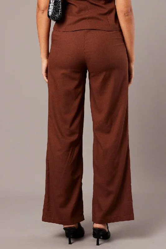 Brown Wide Leg Pants High Rise