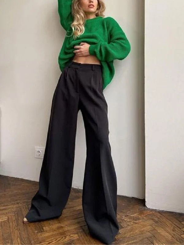 CityHottie - Outfits Trends New Spring Summer Women's Casual Straight Classic Green Black Rose Red High Waist Pants Korean Wide Leg Trousers for Women