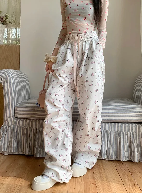 Floral Embroidery Casual Straight Wide-leg Y2k Streetwear Baggy Joggers Drawstring Cargo Pants