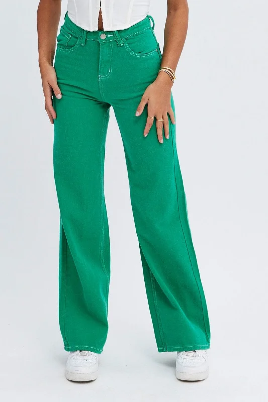 Green Wide Leg Jeans Mid Rise