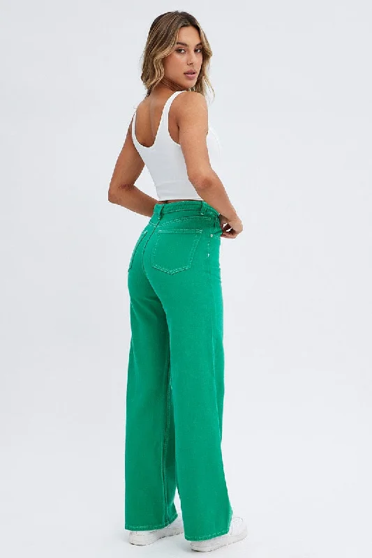 Green Wide Leg Jeans Mid Rise