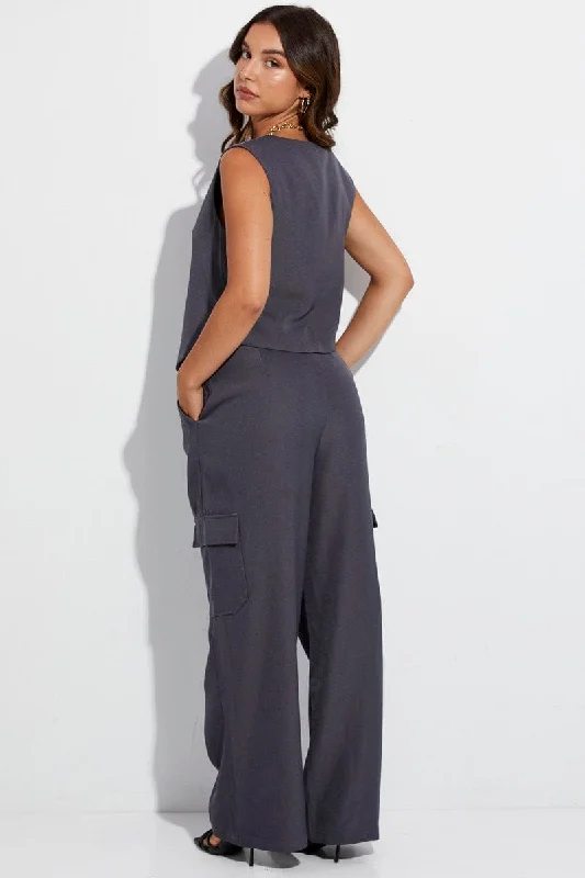 Grey Wide Leg Pants High Rise Cargo Tailored