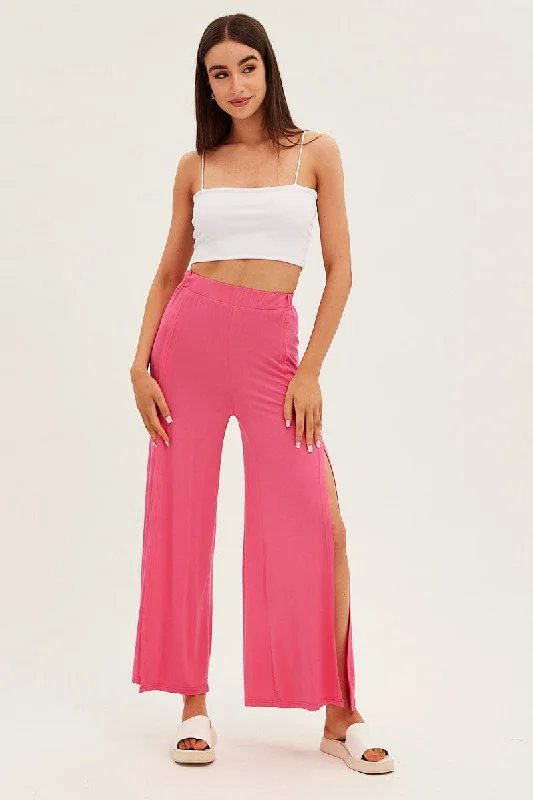 Hot Pink Wide Leg Pants High Rise Front Split