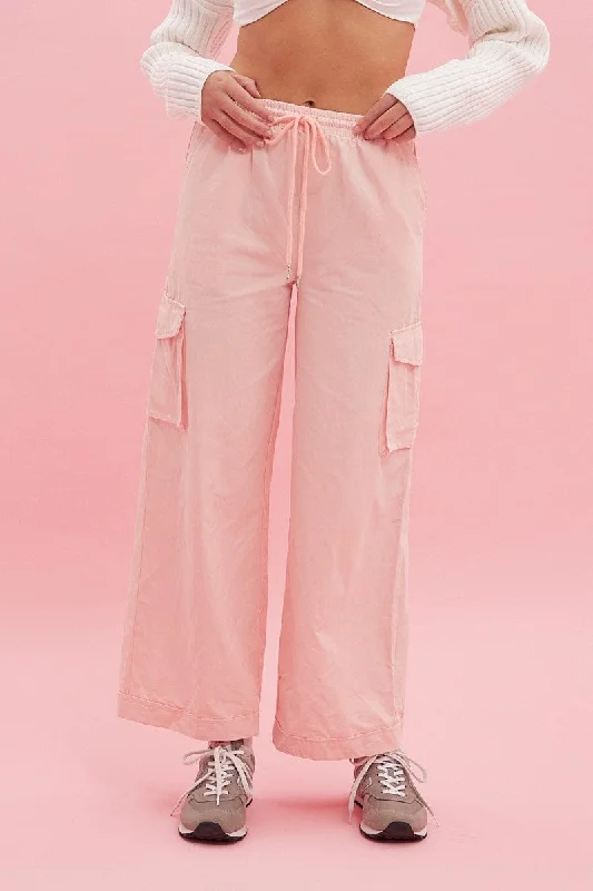 Pink Cargo Pant Wide Leg Elastic Waist Cotton Twill