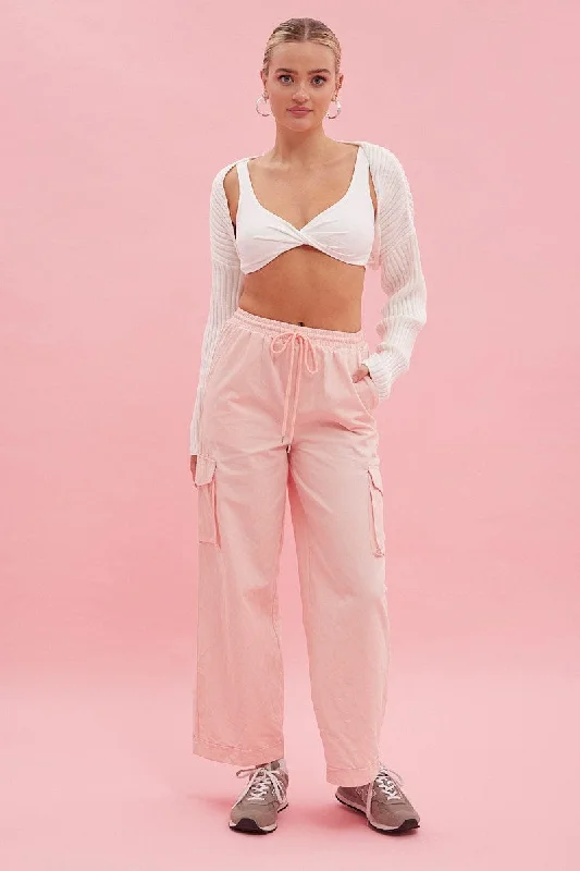 Pink Cargo Pant Wide Leg Elastic Waist Cotton Twill