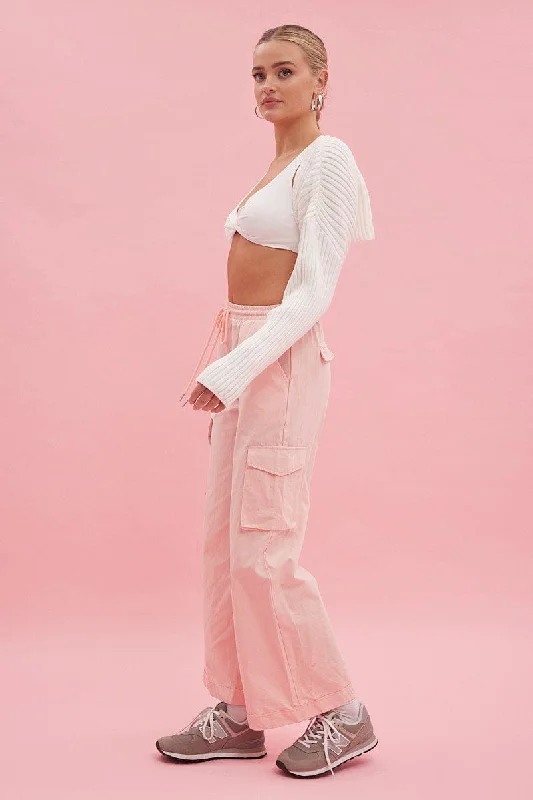 Pink Cargo Pant Wide Leg Elastic Waist Cotton Twill