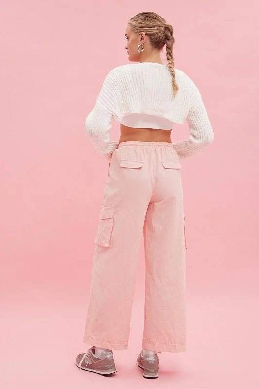 Pink Cargo Pant Wide Leg Elastic Waist Cotton Twill