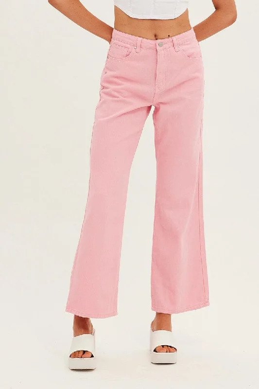 Pink Denim Jeans High Rise Wide Leg