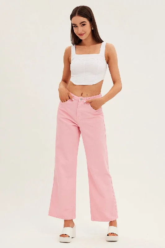 Pink Denim Jeans High Rise Wide Leg