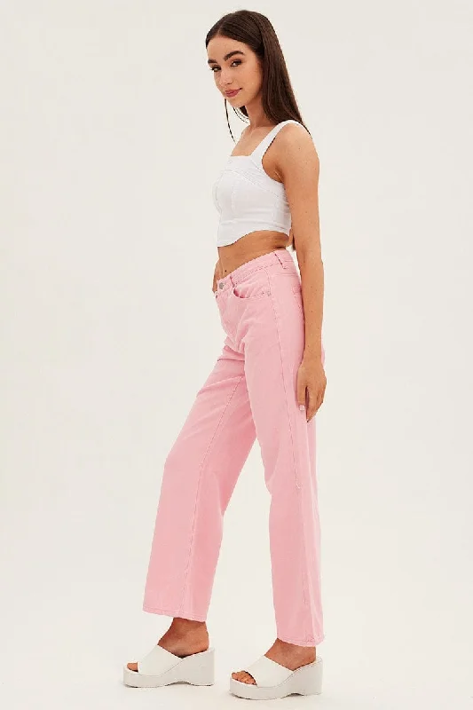 Pink Denim Jeans High Rise Wide Leg