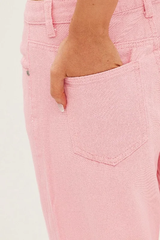 Pink Denim Jeans High Rise Wide Leg