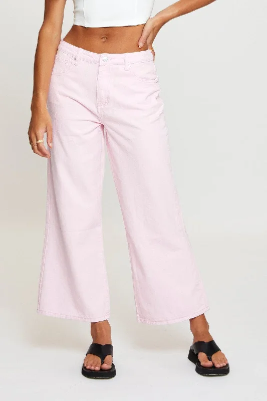 Pink Wide Leg Denim Jeans High Rise